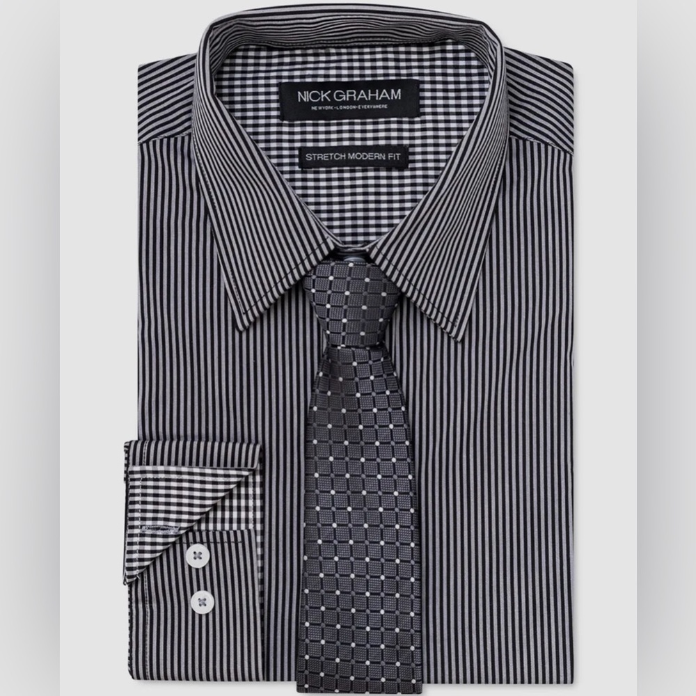 Nick Graham Men's Black Stripe Modern-Fit Dress Shirt & Tie Size S 14.5-15 34-35